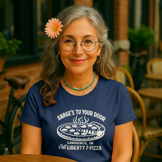 woman wearing sarges pizza t-shirt at outdoor cafe lawrence indiana style setting
