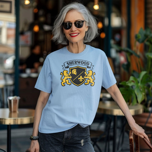 Woman wearing a light blue t-shirt with a Sherwood nightclub Indianapolis logo