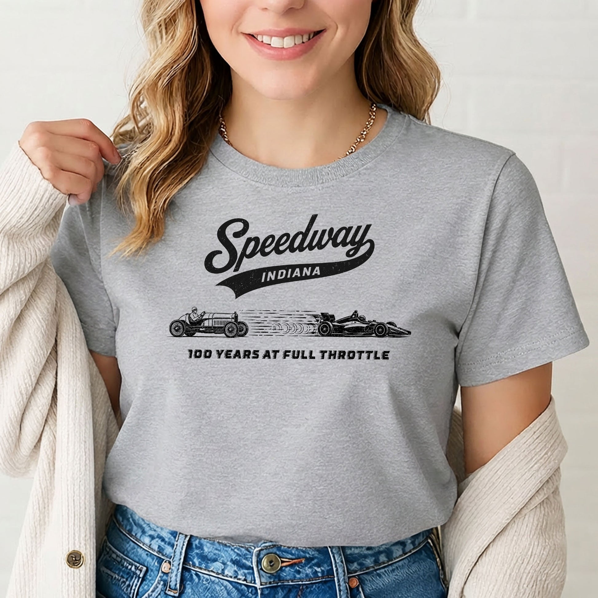 Vintage Speedway Indiana 100 Years at Full Throttle T-shirt design featuring early and modern open-wheel race cars.