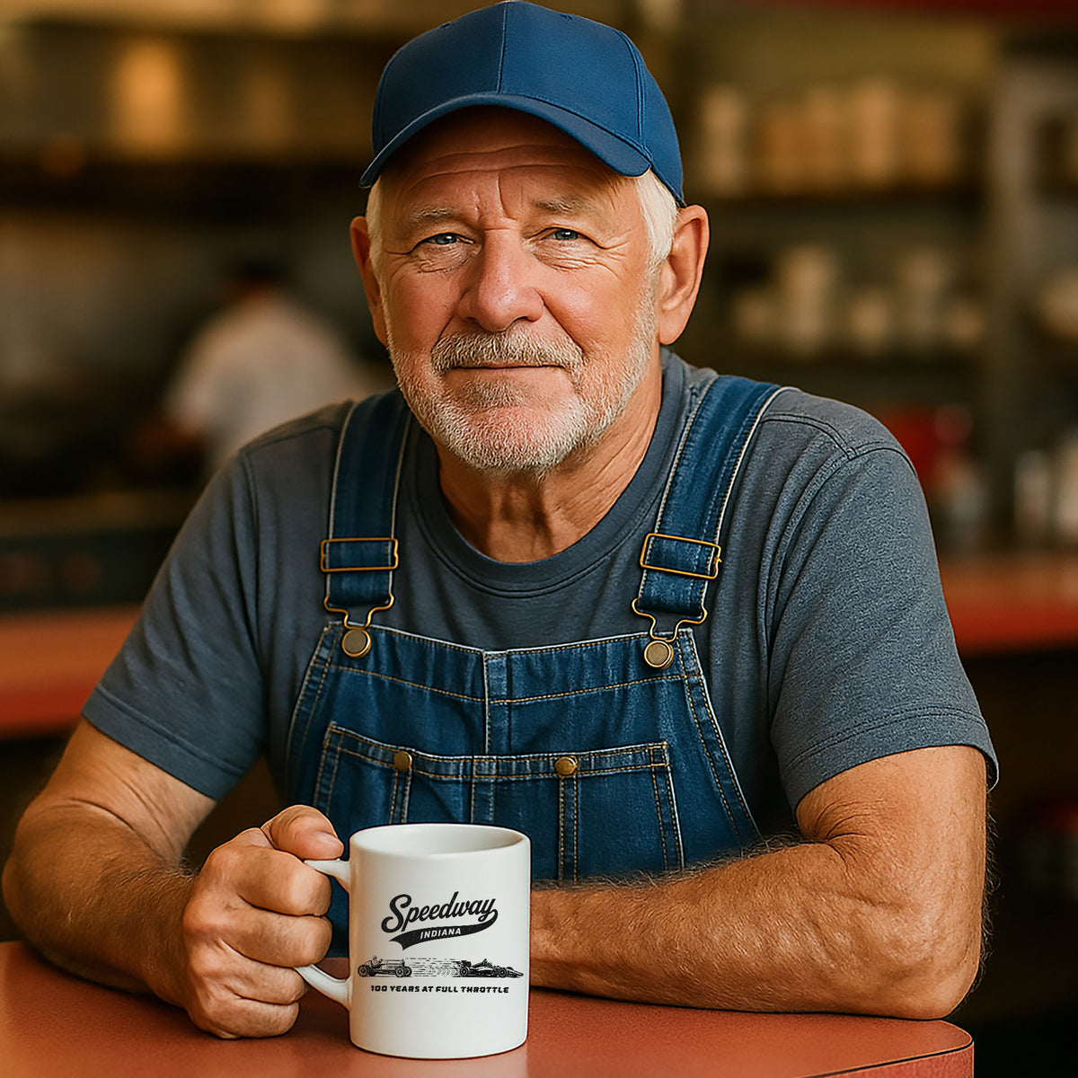 White 15 oz coffee mug featuring a distressed black Speedway Indiana script design celebrating the historic Indiana town.