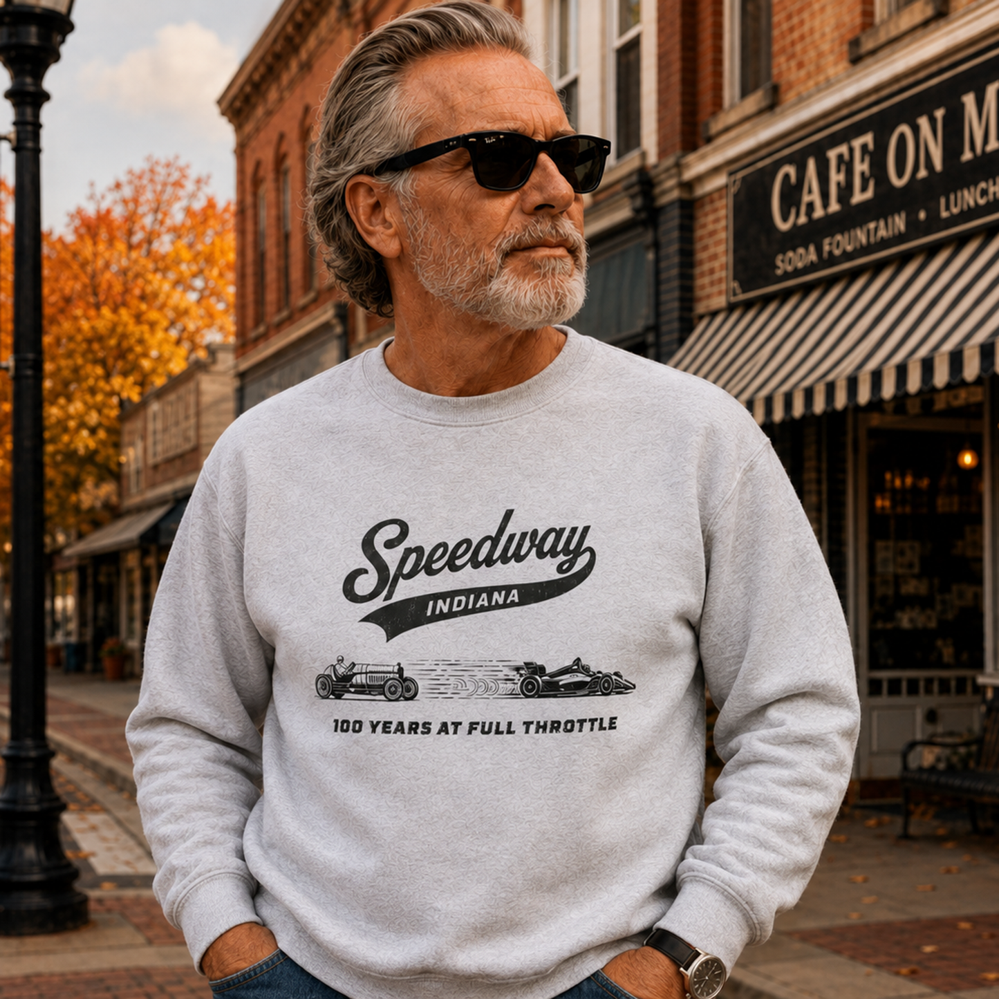Gildan 18000 crewneck sweatshirt featuring the Speedway Indiana 100 Years at Full Throttle vintage racing design.
