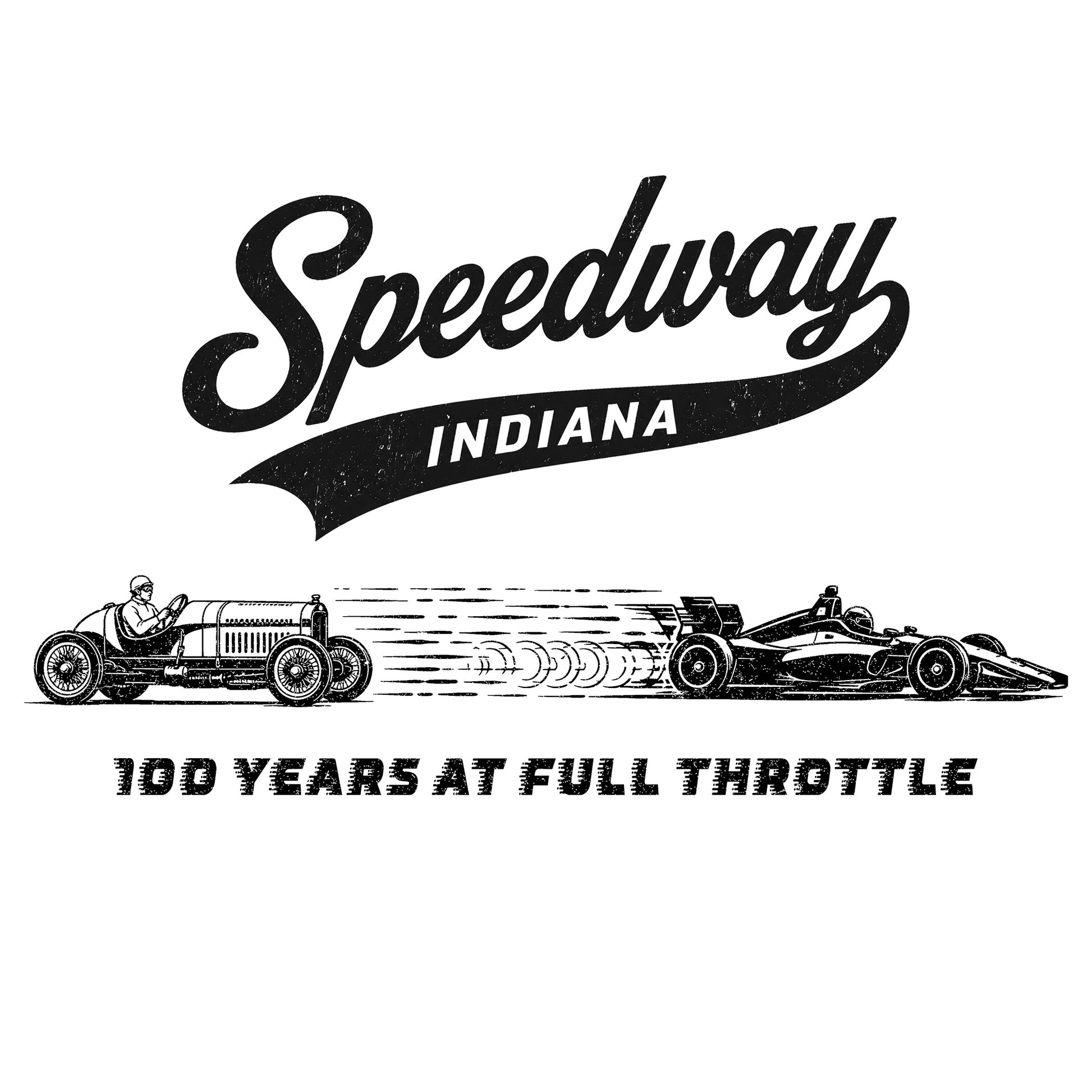 Vintage Speedway Indiana 100 Years at Full Throttle design featuring early and modern open-wheel race cars.