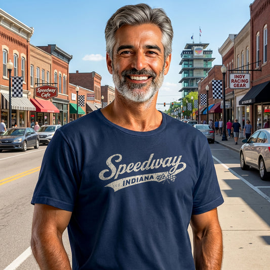 Smiling man wearing Speedway Indiana t-shirt standing on small town street with Indy racing theme

