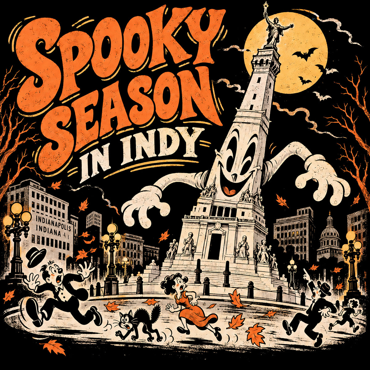 Vintage Indianapolis Halloween graphic reading Spooky Season in Indy with the Soldiers and Sailors Monument coming alive beneath a full moon.