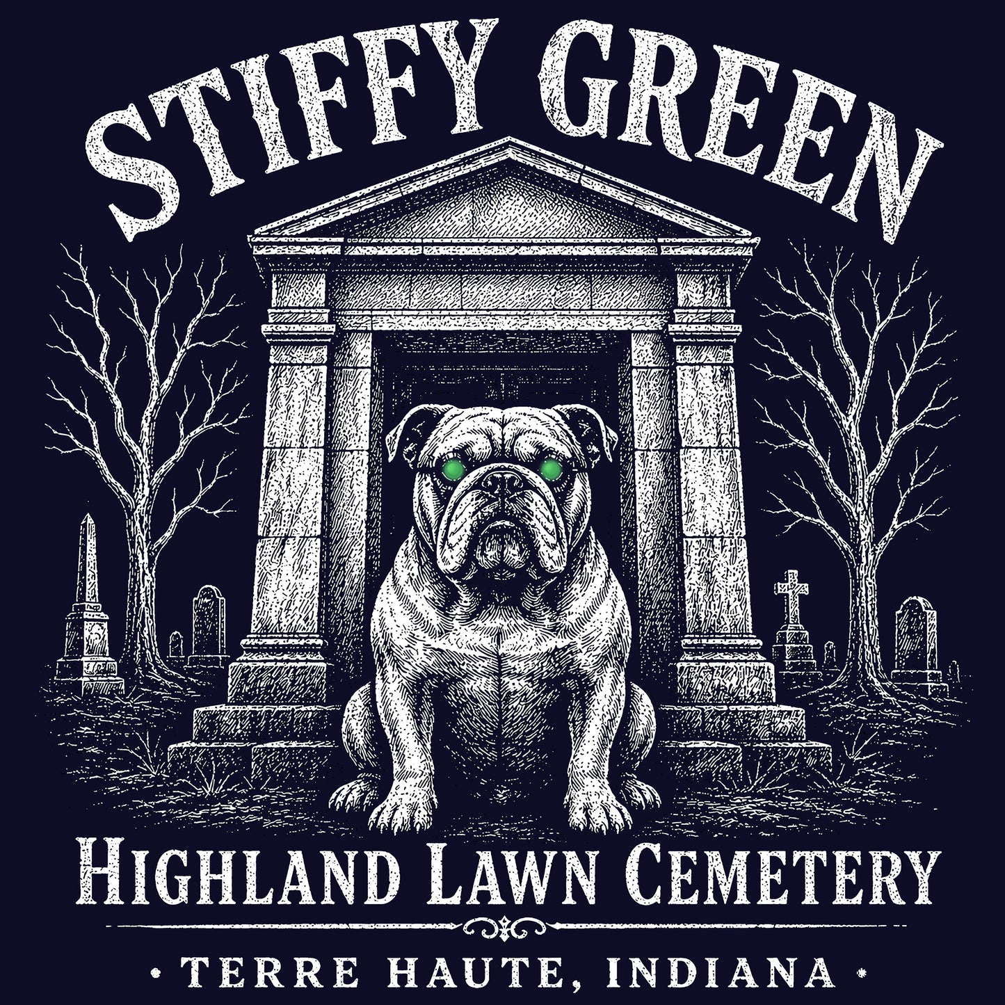 Graphic of Stiffy Green bulldog statue at Highland Lawn Cemetery Terre Haute Indiana on t-shirt