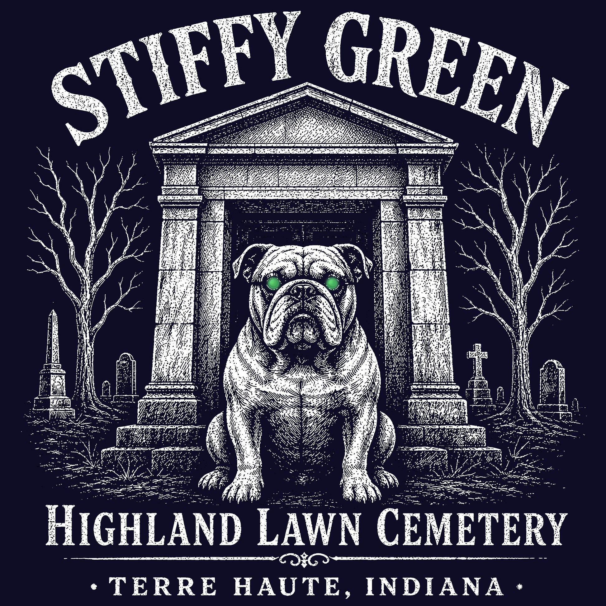 Graphic of Stiffy Green bulldog statue at Highland Lawn Cemetery Terre Haute Indiana on t-shirt