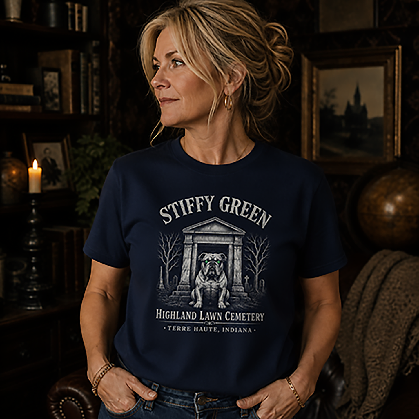 Female model showcasing vintage cemetery graphic t-shirt