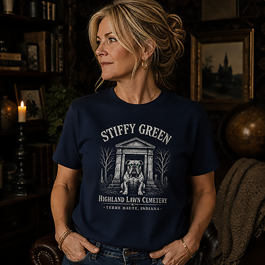 Female model showcasing vintage cemetery graphic t-shirt