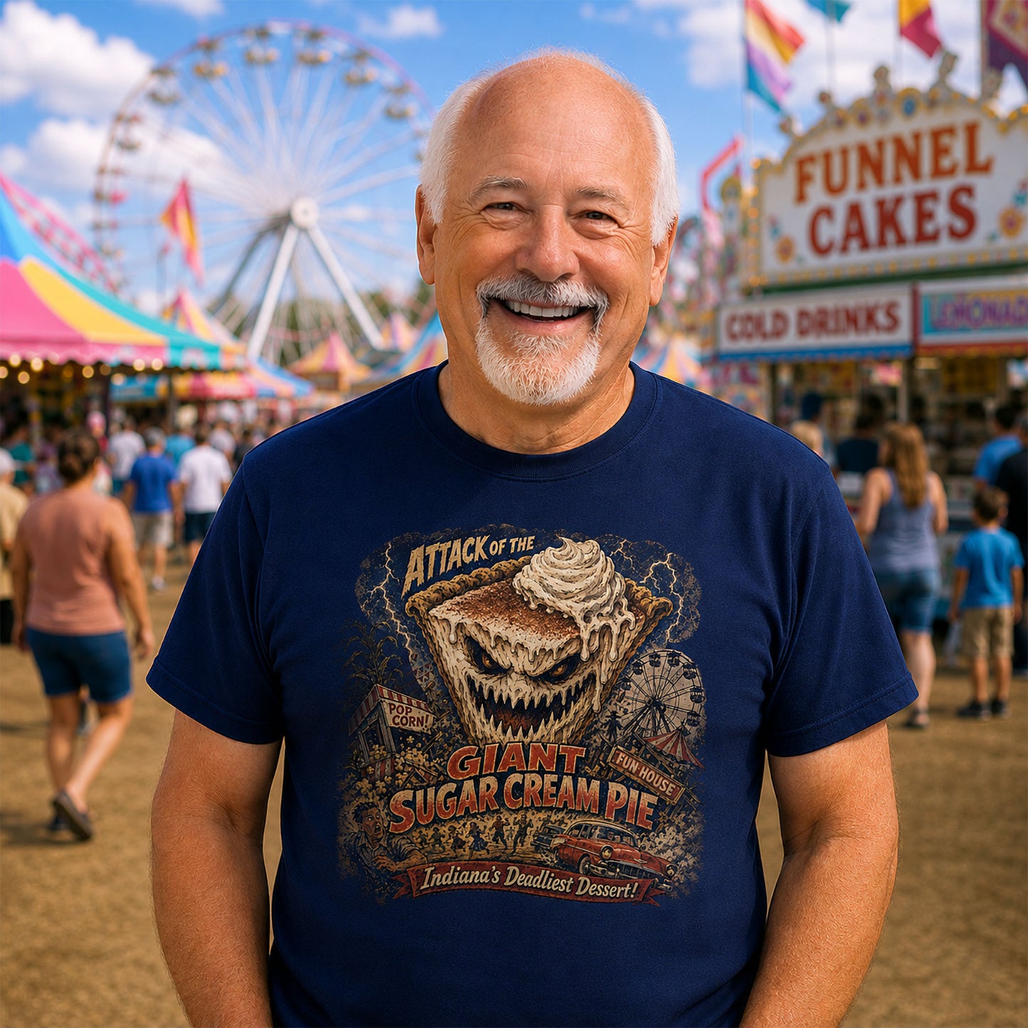 Older man wearing Attack of the Giant Sugar Cream Pie Indiana State Fair parody t-shirt at carnival