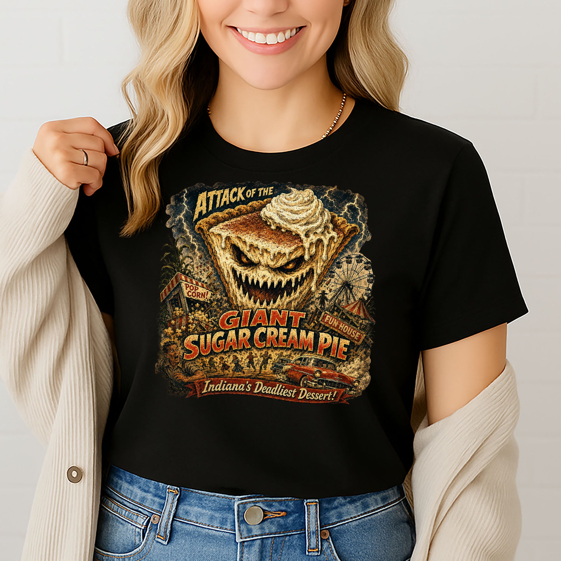 Female model wearing retro sugar cream pie parody t-shirt in studio setting