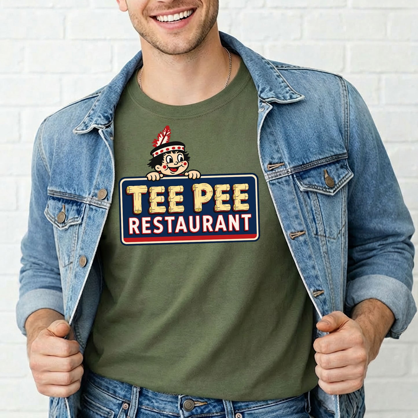 Man wearing a vintage-inspired Tee Pee Restaurant Indianapolis graphic t-shirt featuring retro roadside sign artwork and classic drive-in nostalgia.