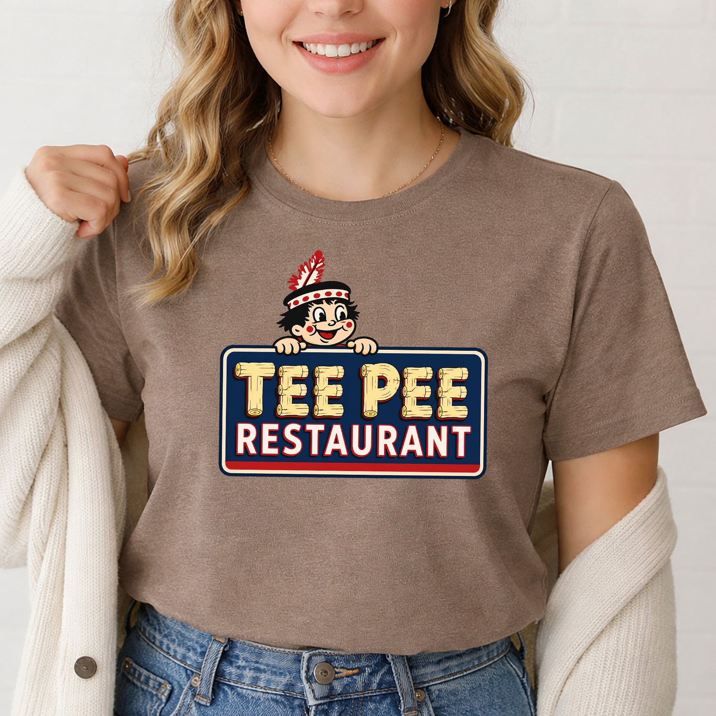 Woman wearing a vintage-style Tee Pee Restaurant Indianapolis graphic t-shirt inspired by classic Indy drive-in restaurants and 1950s roadside Americana.