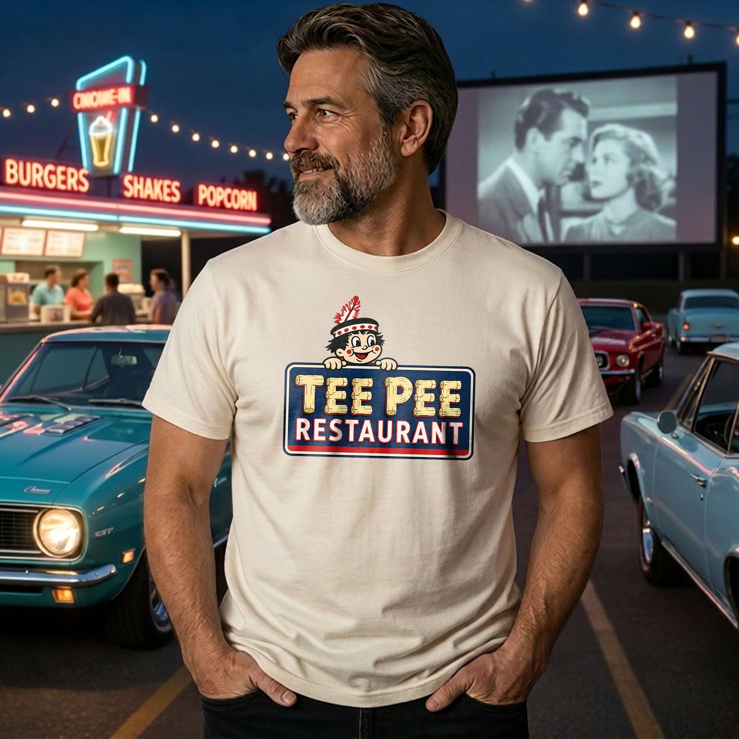 Middle-aged man wearing a natural off-white Tee Pee Restaurant Indianapolis t-shirt at a vintage drive-in movie and diner scene with classic cars and neon lights.