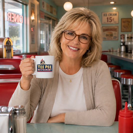 White Tee Pee Restaurant Indianapolis coffee mug featuring a vintage retro drive-in sign design inspired by classic Indianapolis car culture and roadside Americana.