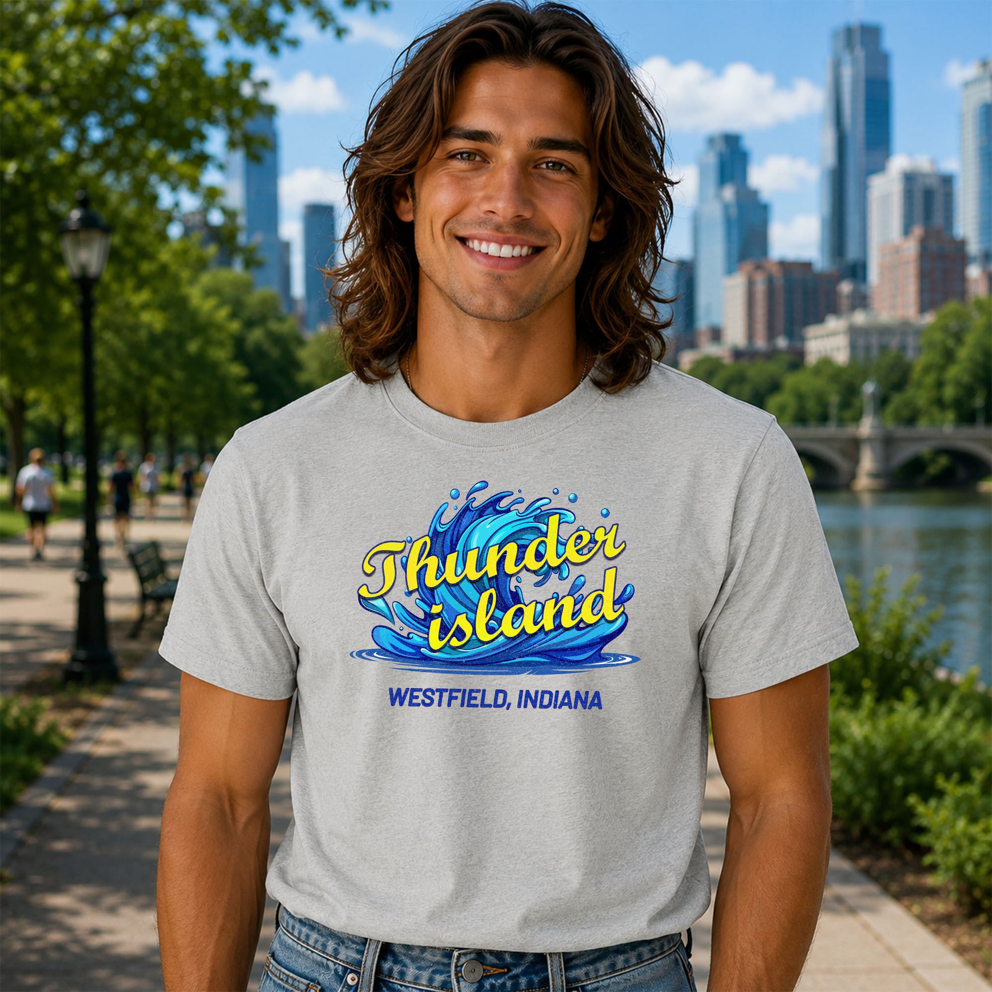 Vintage Thunder Island Westfield Indiana t-shirt featuring retro water splash artwork inspired by the beloved Indiana water park.