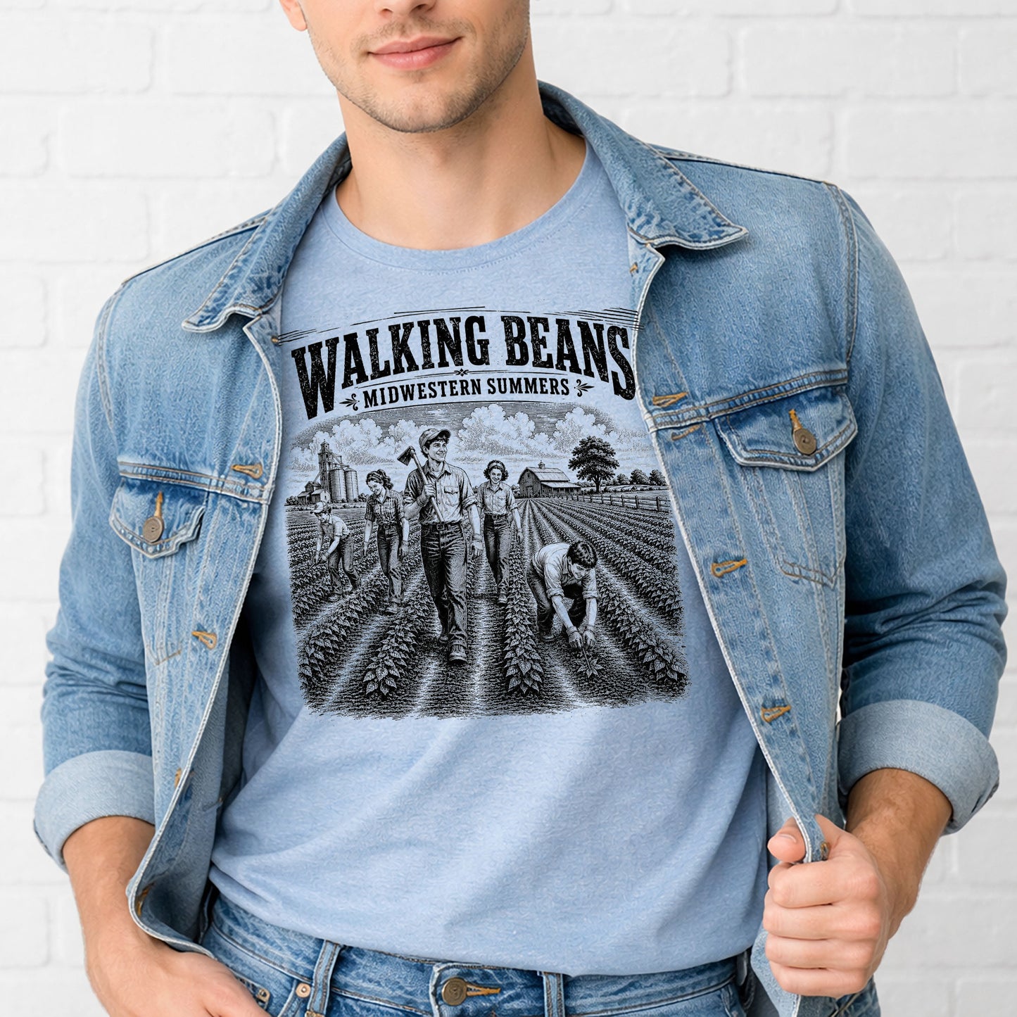 Person wearing a denim jacket and graphic t-shirt with 'Walking Beans' design.