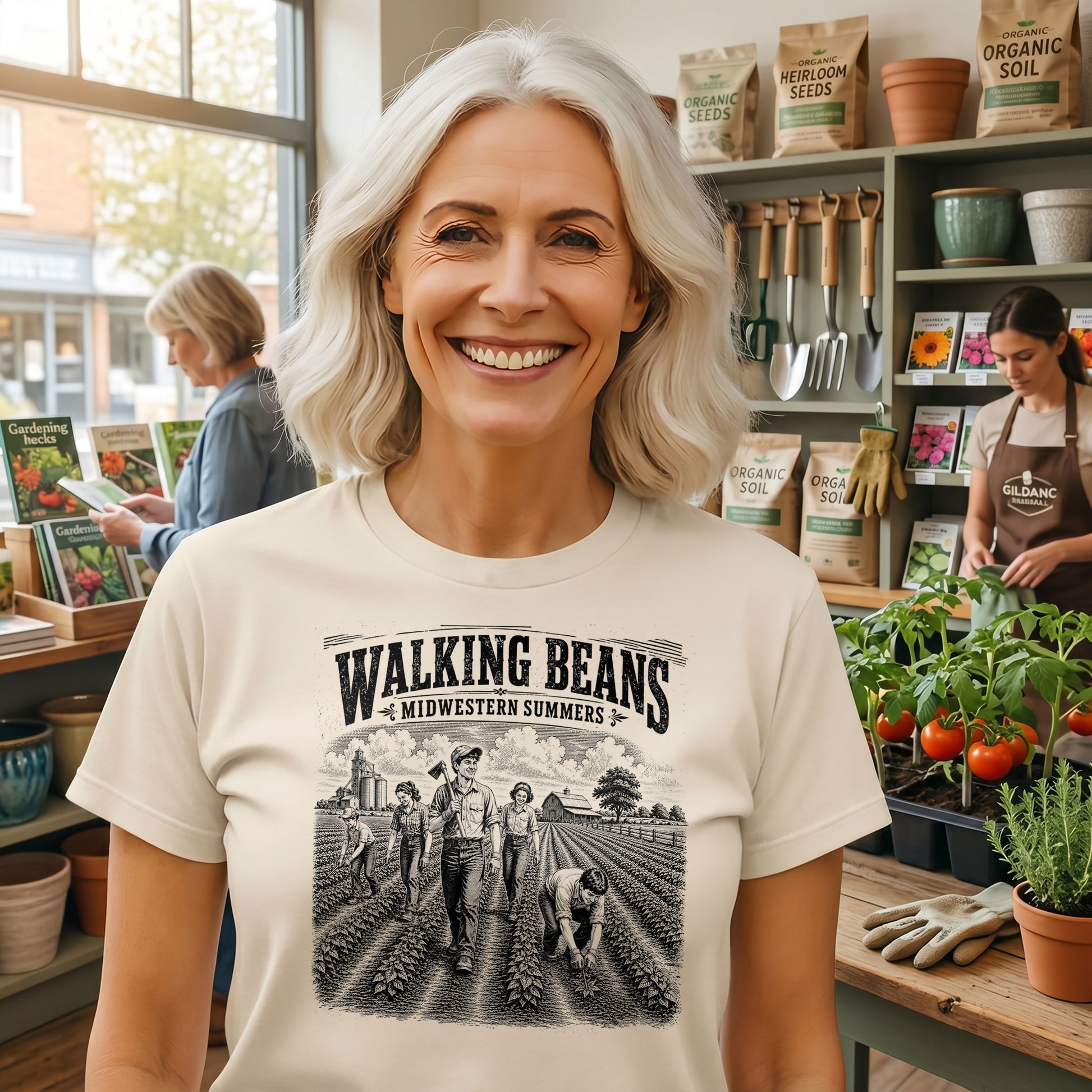 Vintage Walking Beans Midwestern Summers t-shirt featuring farm kids walking soybean rows and pulling weeds in a detailed black-and-white engraving style illustration celebrating Midwestern farm heritage and rural summer traditions.