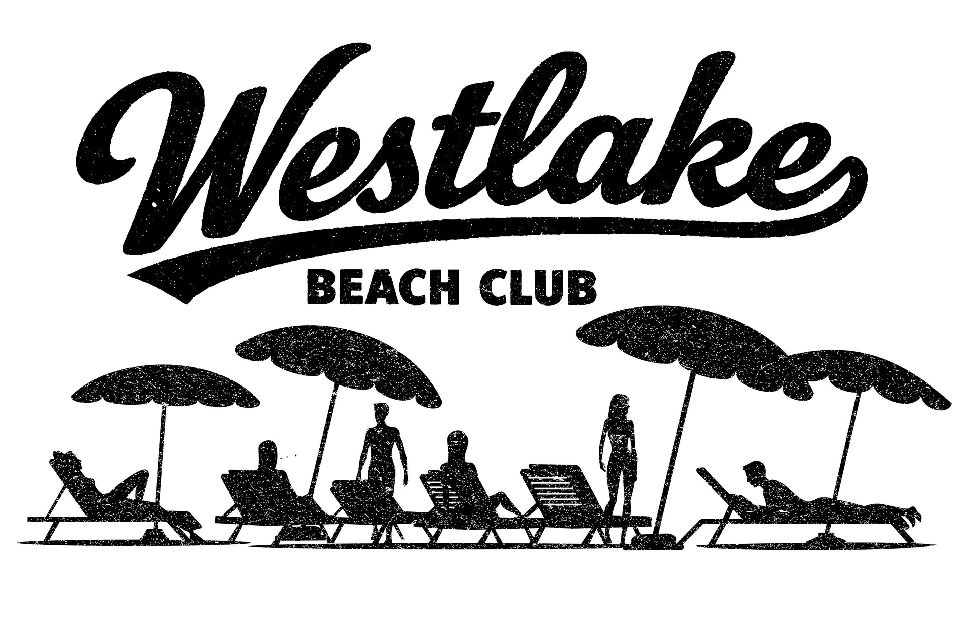 Close up of Westlake Beach Club graphic with lounge chairs and umbrellas on t shirt