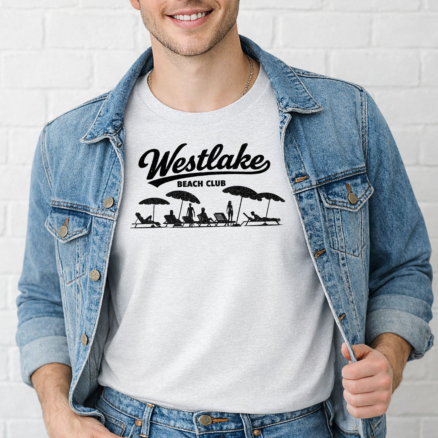 Man wearing Westlake Beach Club lake life t shirt